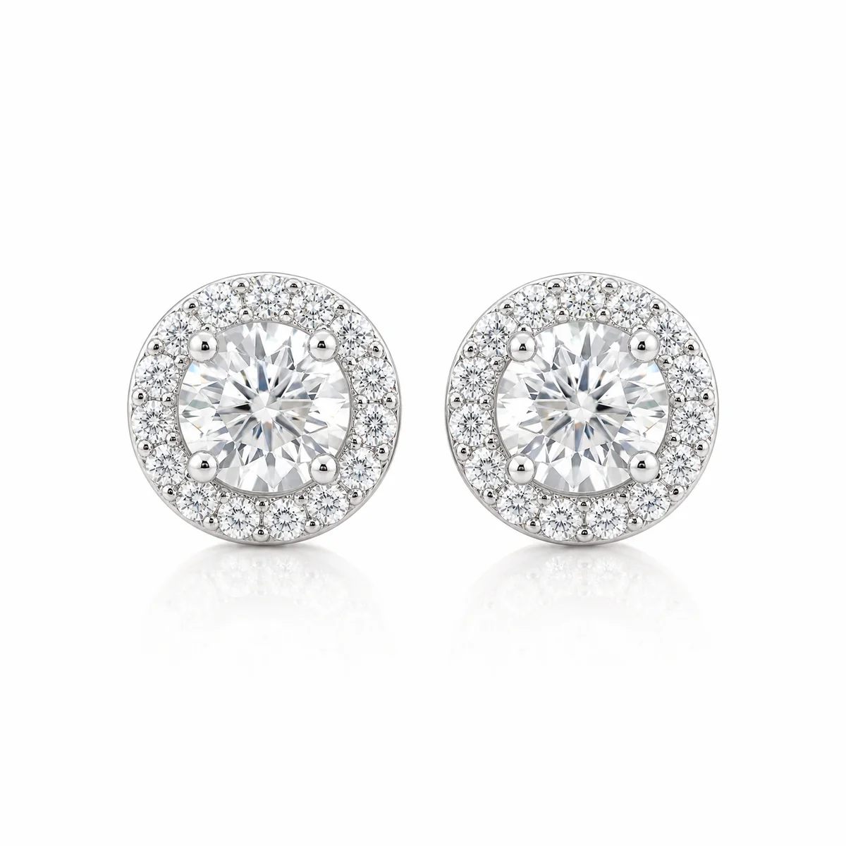 Halo studs diamond earrings in 18k white gold, round diamond, made to order by Prodiam (rendered design reference)