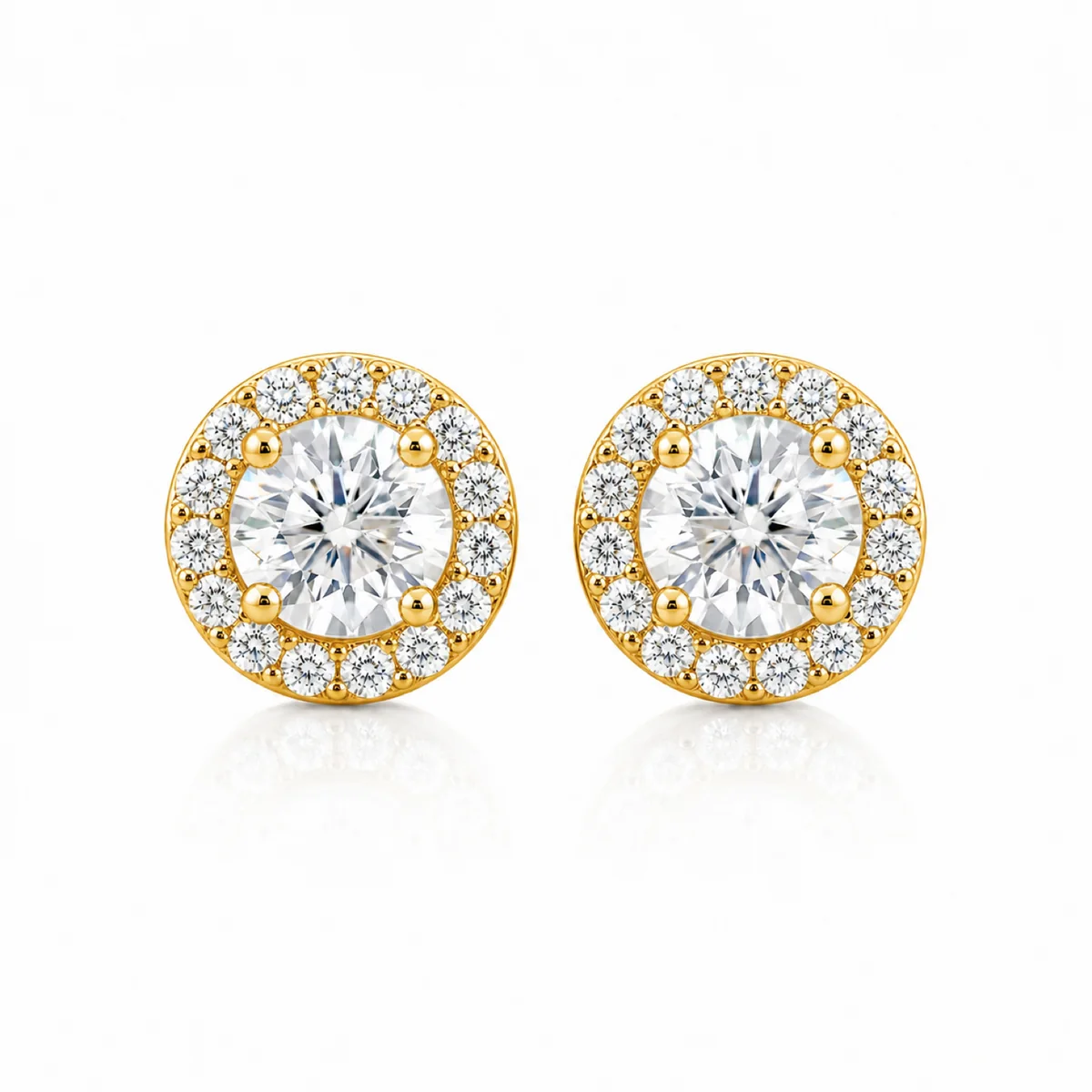 Halo studs diamond earrings in 18k yellow gold, round diamond, made to order by Prodiam (rendered design reference)