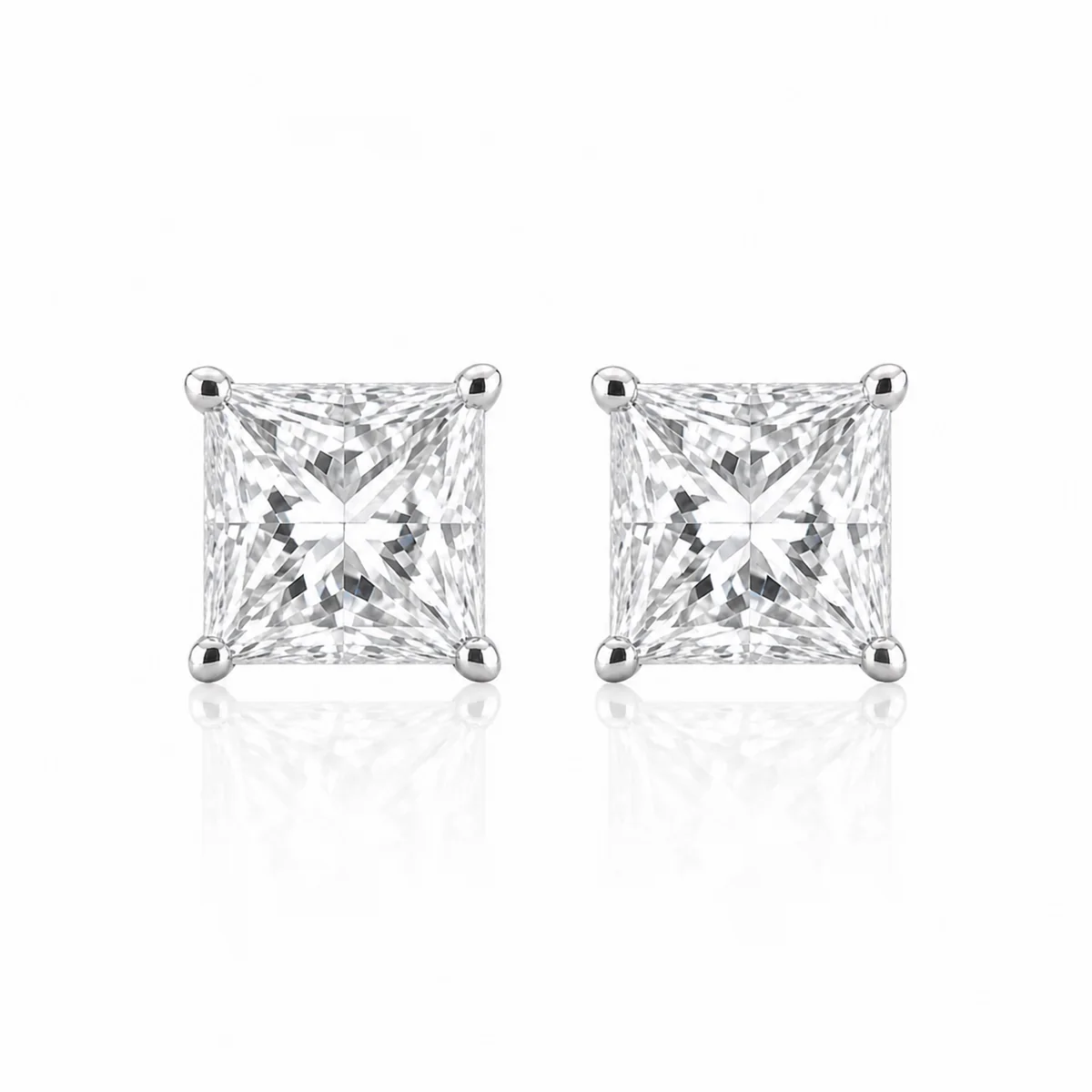 Princess studs diamond earrings in platinum, made to order by Prodiam (rendered design reference)