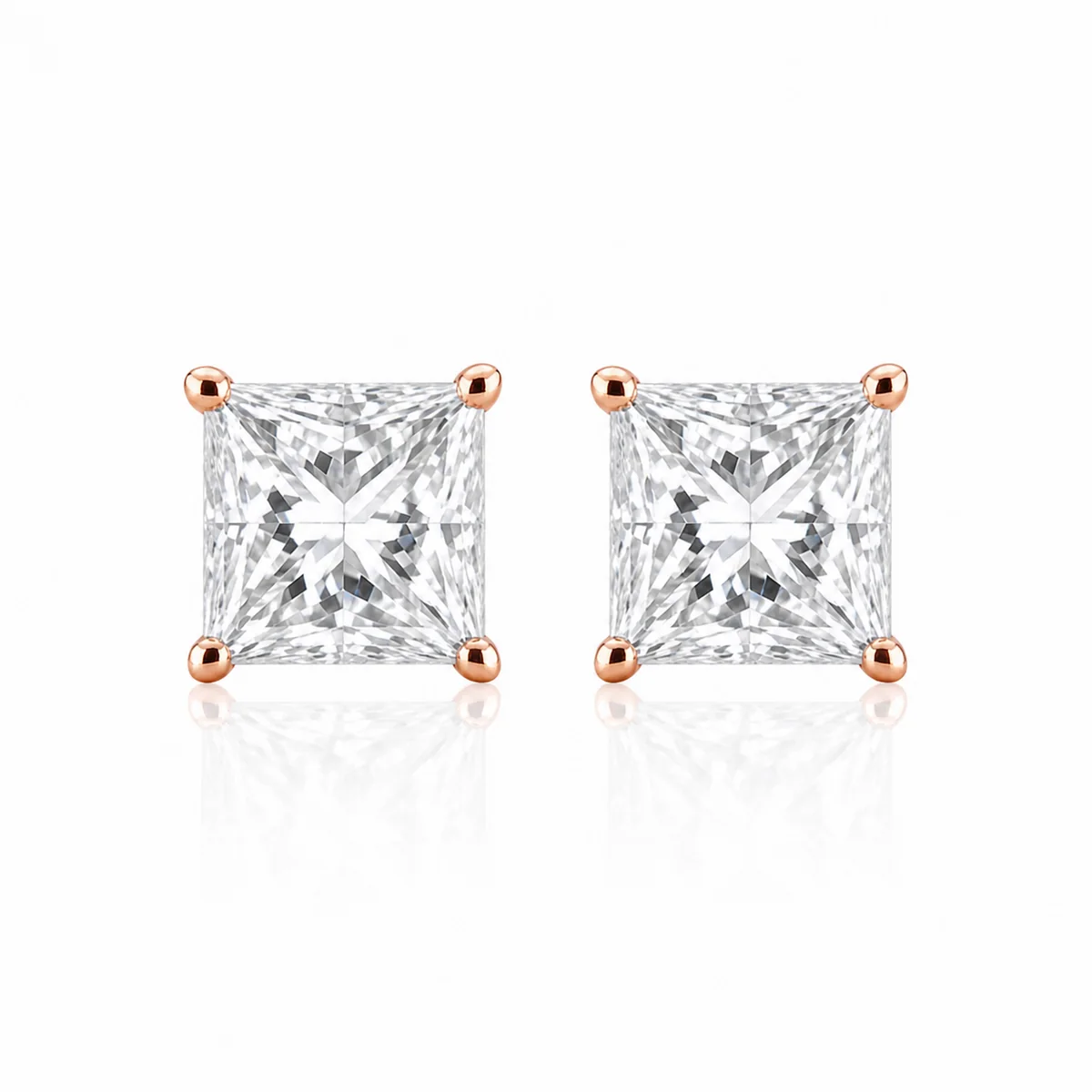 Princess studs diamond earrings in 18k rose gold, made to order by Prodiam (rendered design reference)