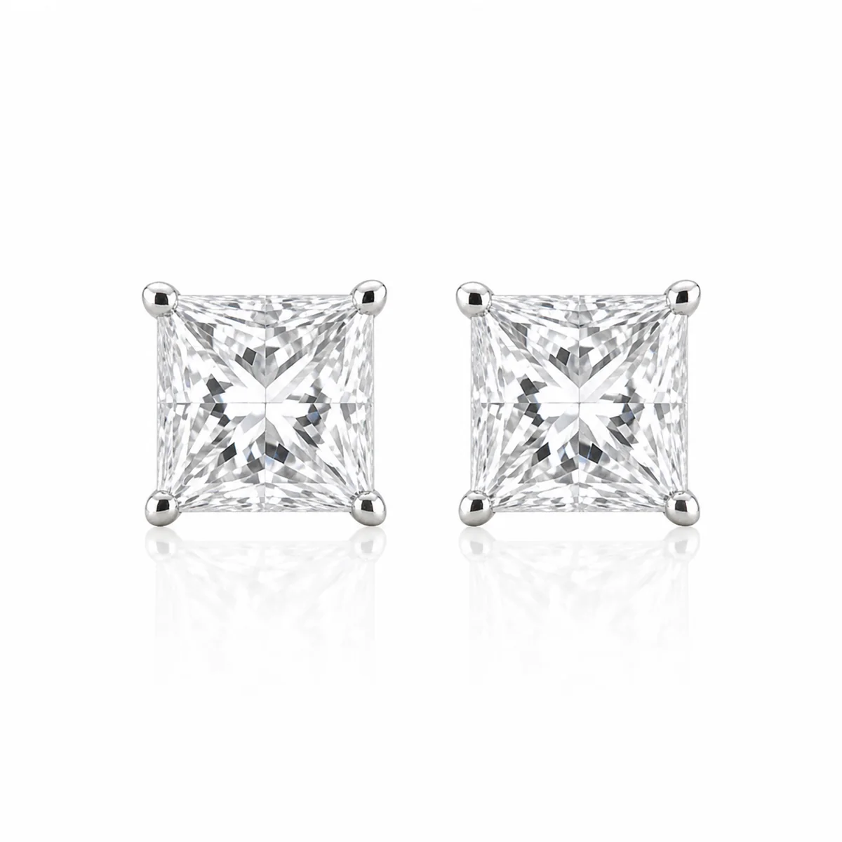 Princess studs diamond earrings in 18k white gold, made to order by Prodiam (rendered design reference)