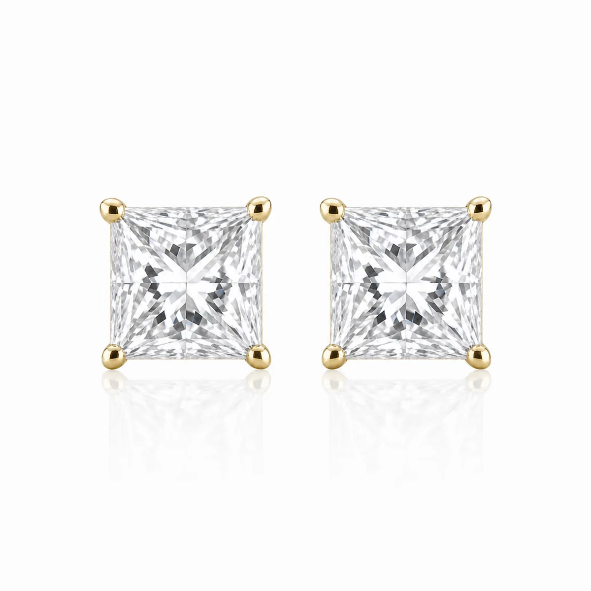 Princess studs diamond earrings in 18k yellow gold, made to order by Prodiam (rendered design reference)