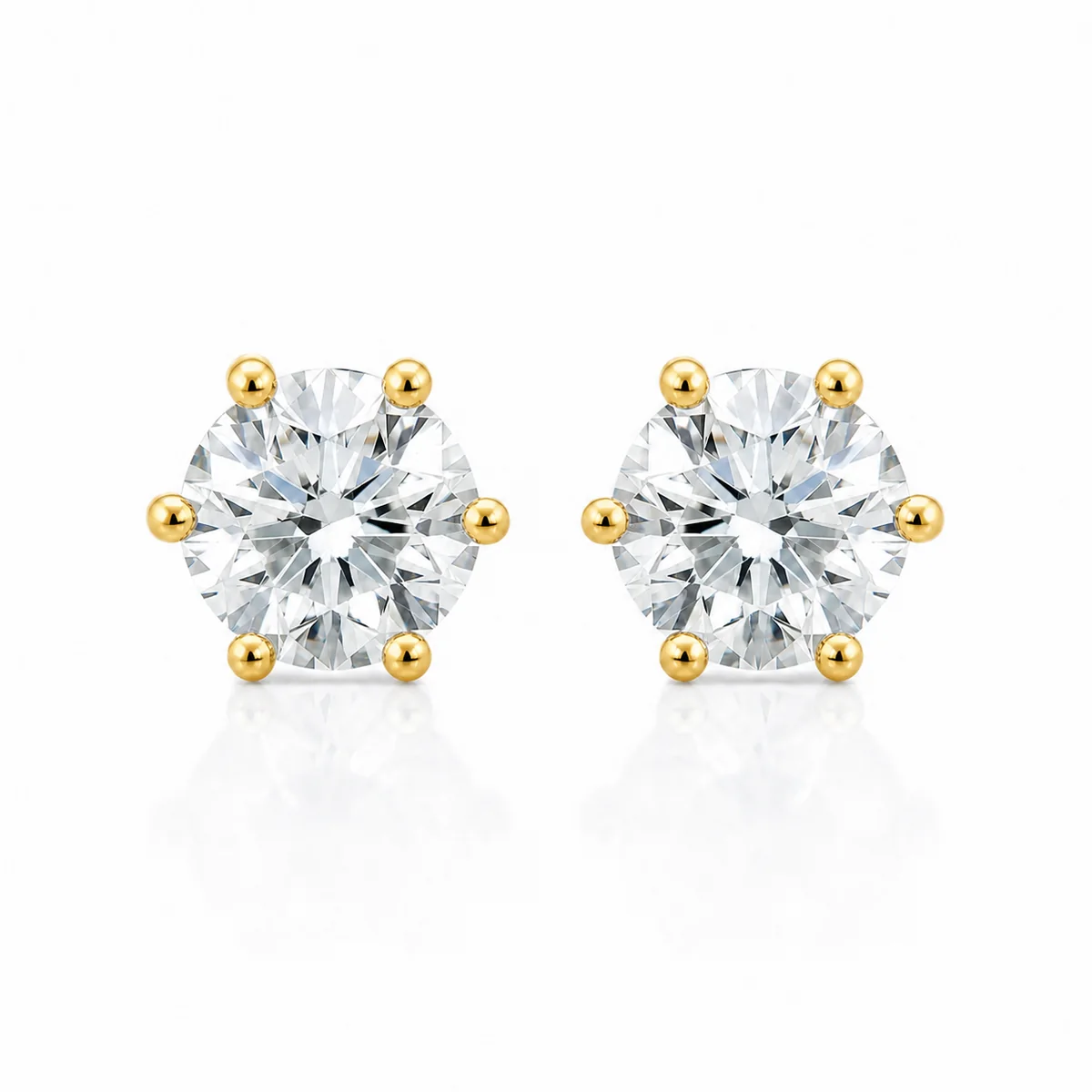 Six-claw studs diamond earrings in 18k yellow gold, round diamond, made to order by Prodiam (rendered design reference)