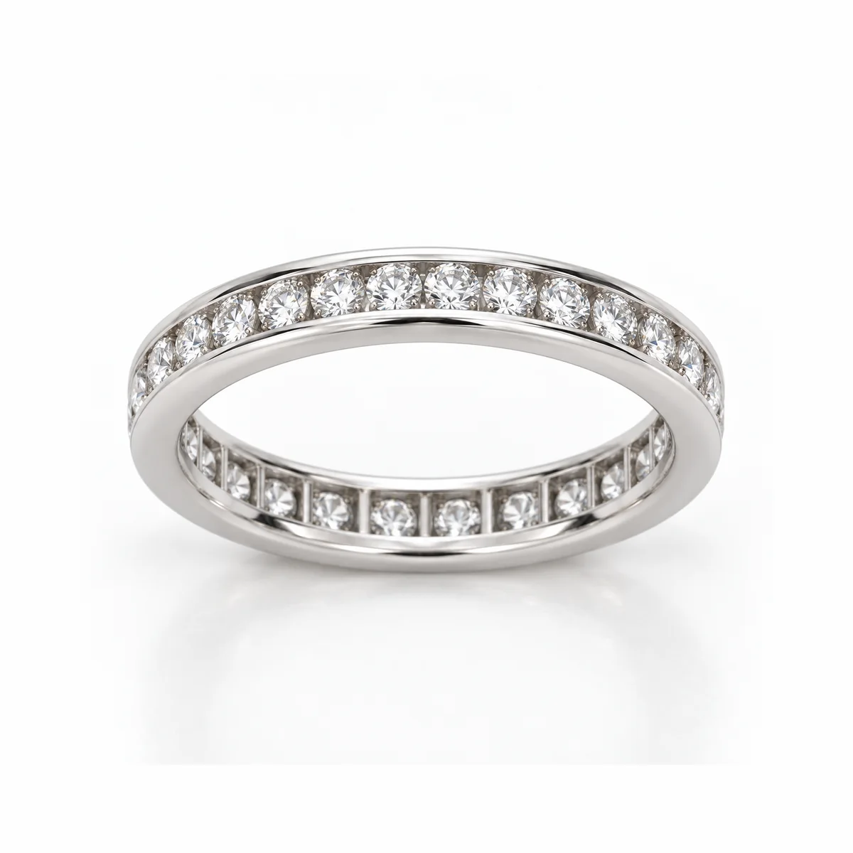 Full eternity channel set diamond eternity ring in 18k white gold, round diamond, made to order by Prodiam (rendered design reference)
