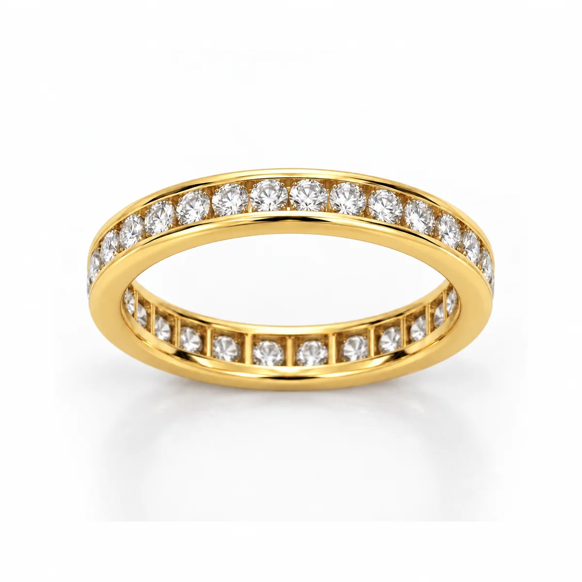 Full eternity channel set diamond eternity ring in 18k yellow gold, round diamond, made to order by Prodiam (rendered design reference)