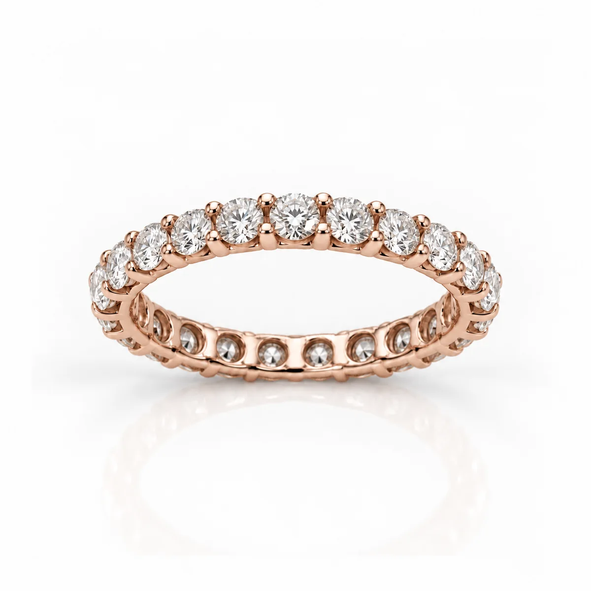 Full eternity claw set diamond eternity ring in 18k rose gold, round diamond, made to order by Prodiam (rendered design reference)