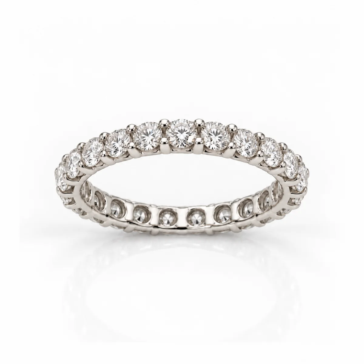 Full eternity claw set diamond eternity ring in 18k white gold, round diamond, made to order by Prodiam (rendered design reference)