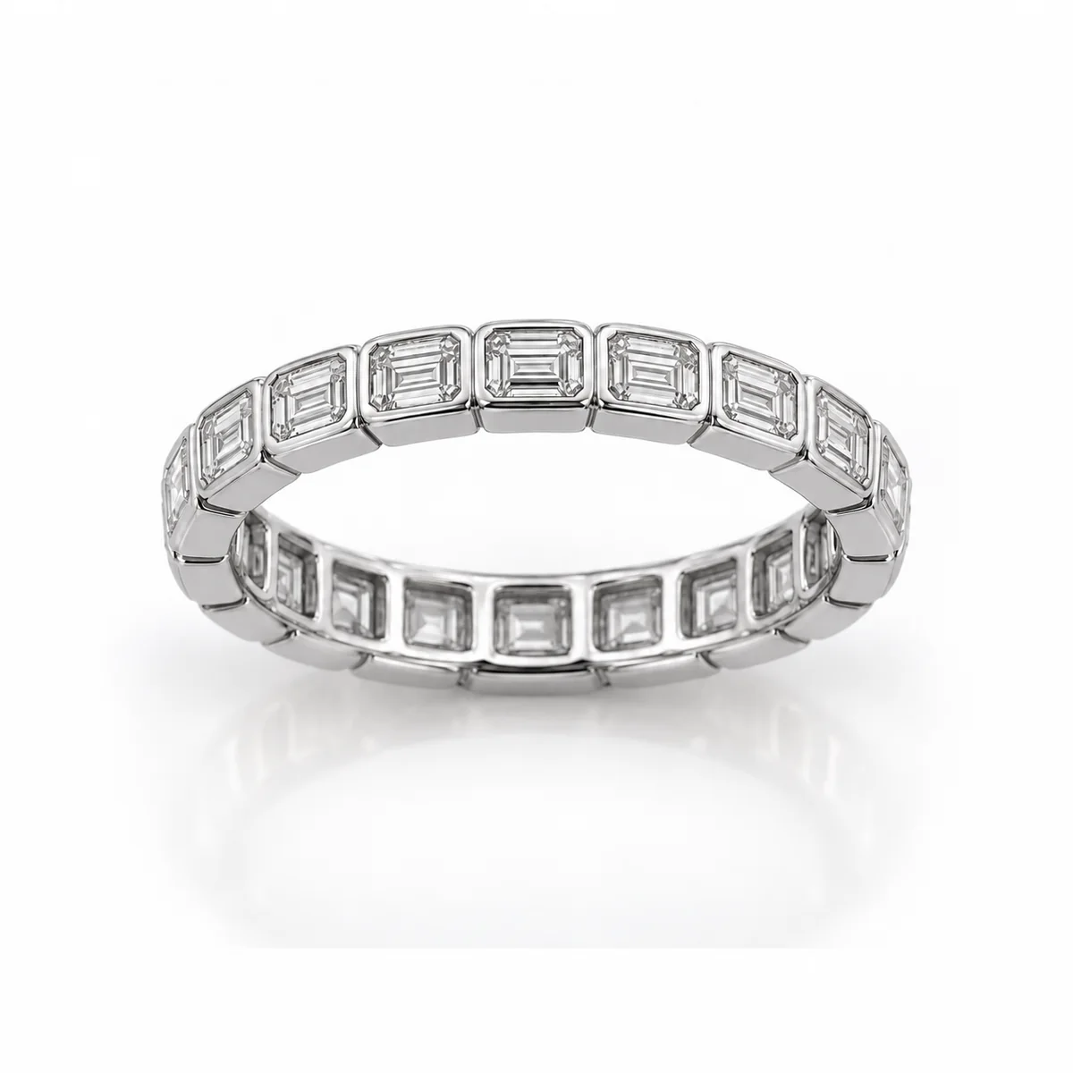 Full eternity emerald cuts diamond eternity ring in platinum, made to order by Prodiam (rendered design reference)