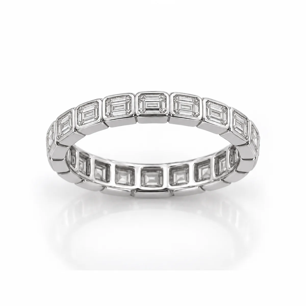 Full eternity emerald cuts diamond eternity ring in 18k white gold, made to order by Prodiam (rendered design reference)