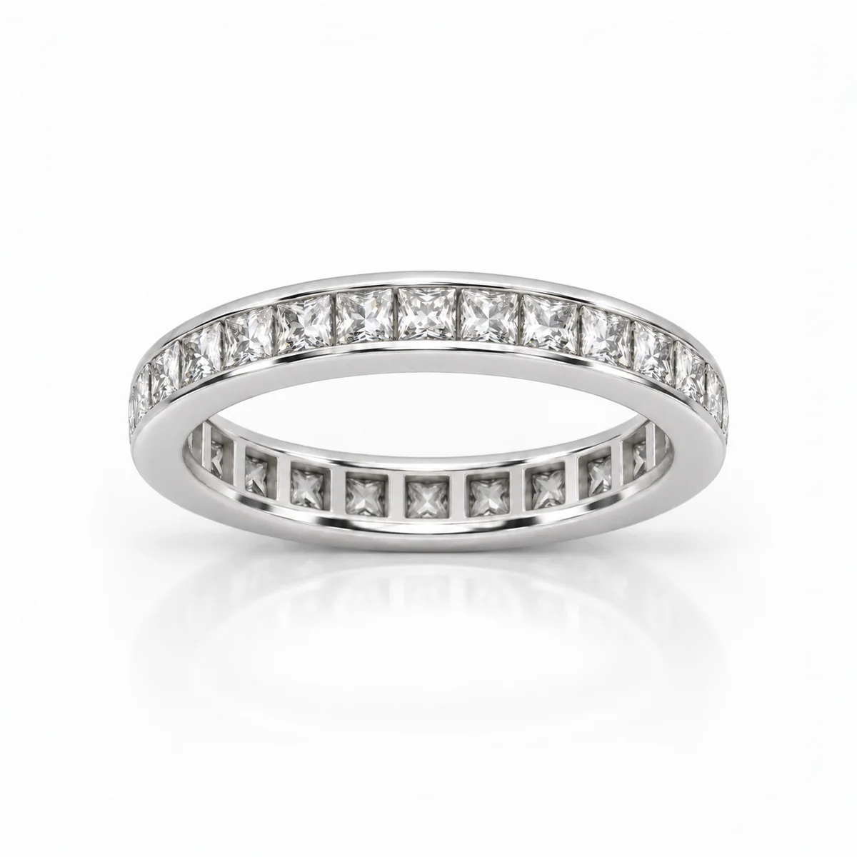 Full eternity princess cuts diamond eternity ring in platinum, made to order by Prodiam (rendered design reference)