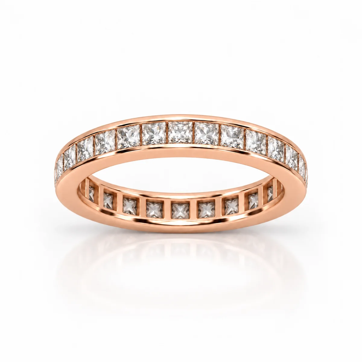 Full eternity princess cuts diamond eternity ring in 18k rose gold, made to order by Prodiam (rendered design reference)