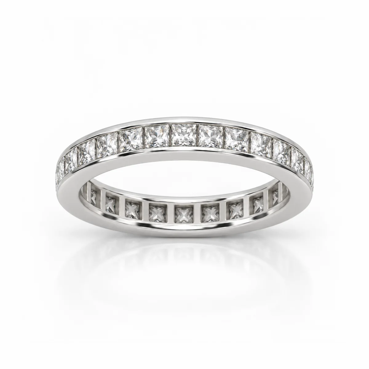 Full eternity princess cuts diamond eternity ring in 18k white gold, made to order by Prodiam (rendered design reference)