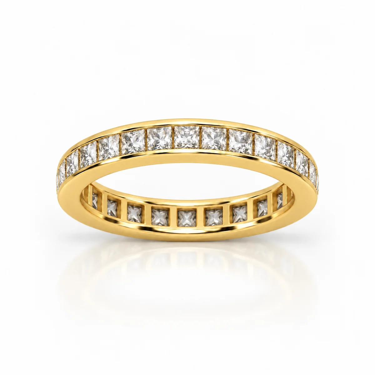 Full eternity princess cuts diamond eternity ring in 18k yellow gold, made to order by Prodiam (rendered design reference)