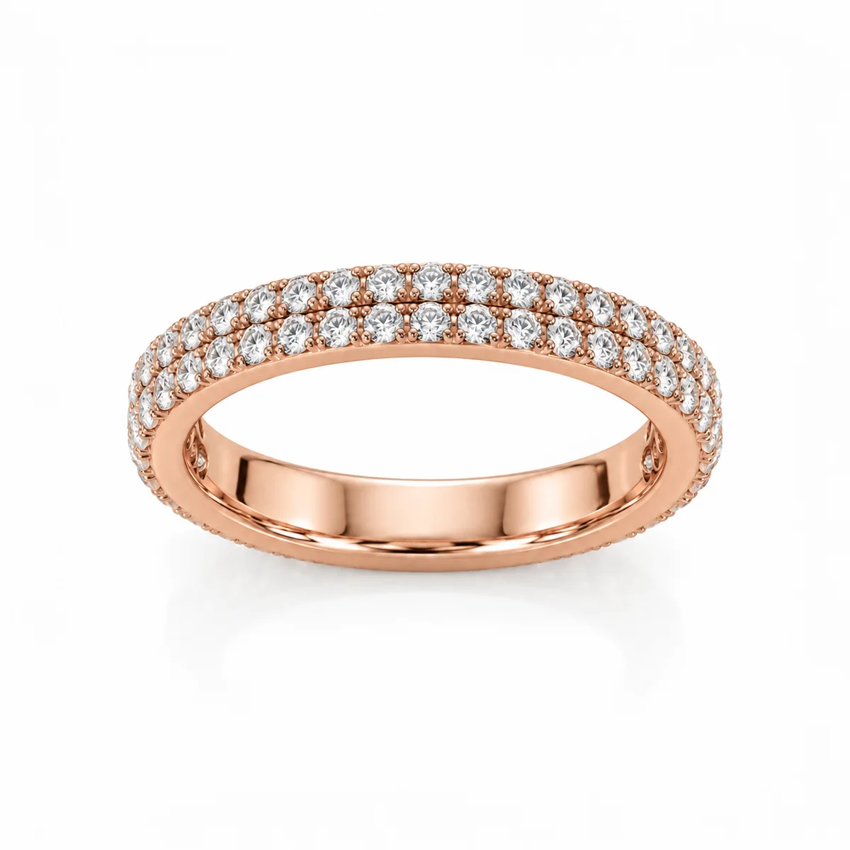 Two-row pave eternity diamond eternity ring in 18k rose gold, round diamond, made to order by Prodiam (rendered design reference)