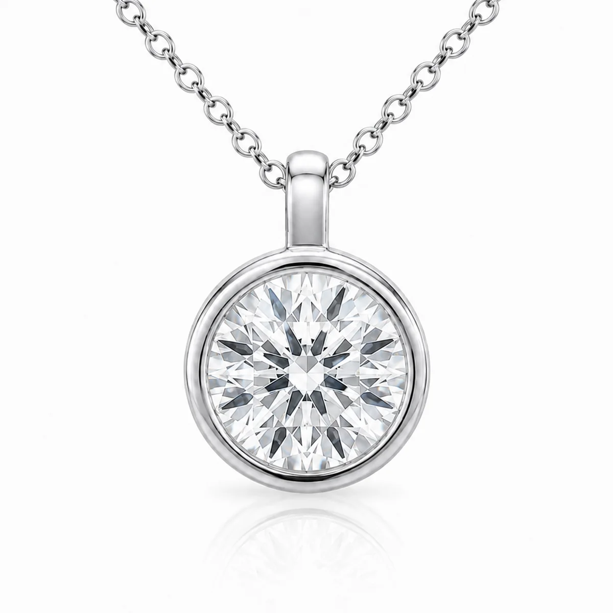 Bezel pendant diamond pendant in 18k white gold, round diamond, made to order by Prodiam (rendered design reference)