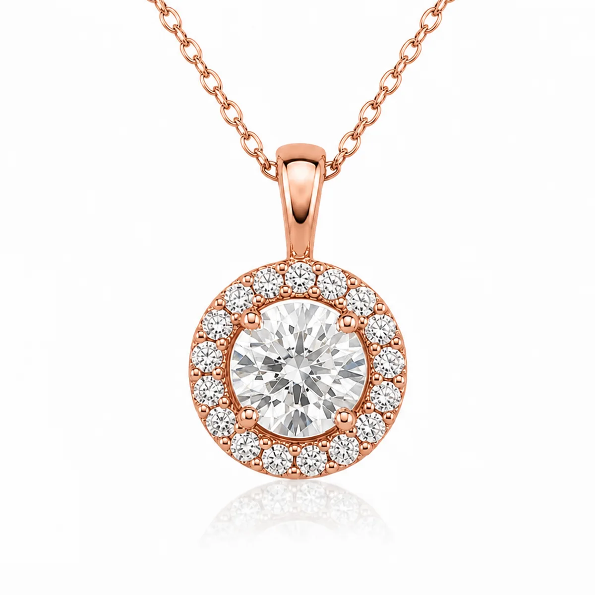 Halo pendant diamond pendant in 18k rose gold, round diamond, made to order by Prodiam (rendered design reference)