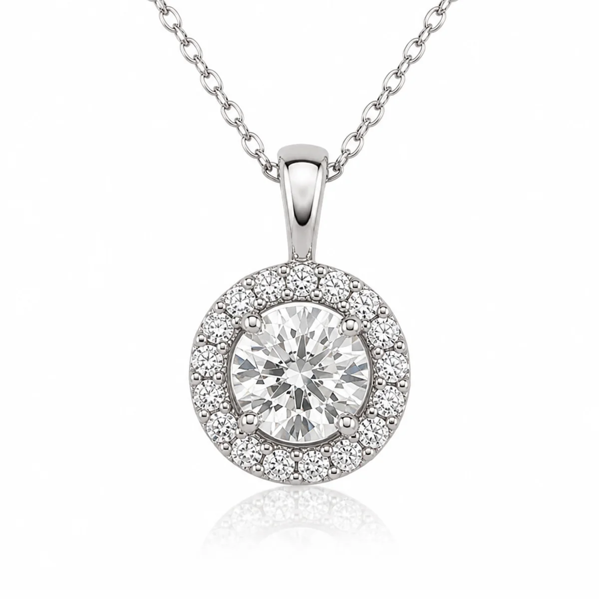 Halo pendant diamond pendant in 18k white gold, round diamond, made to order by Prodiam (rendered design reference)