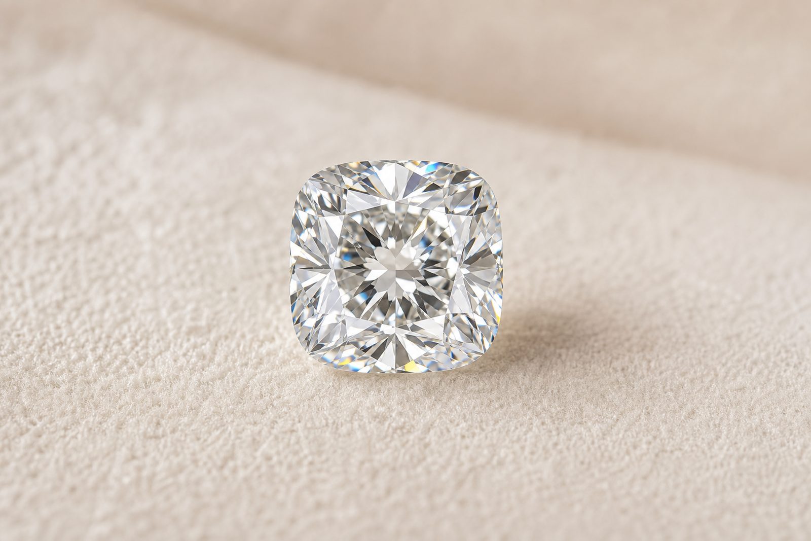 A cushion-cut natural diamond, close up