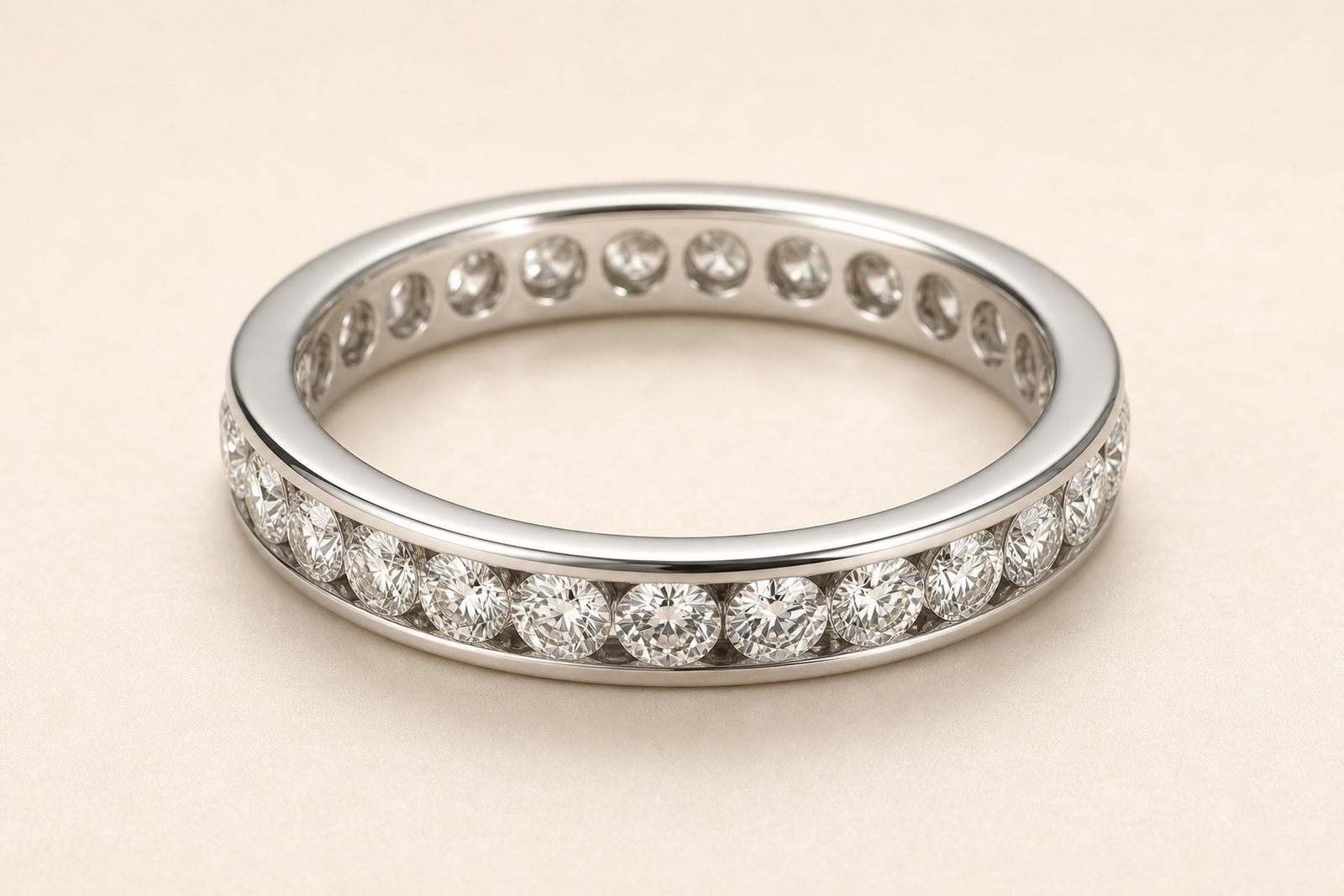A diamond eternity band in a white precious metal