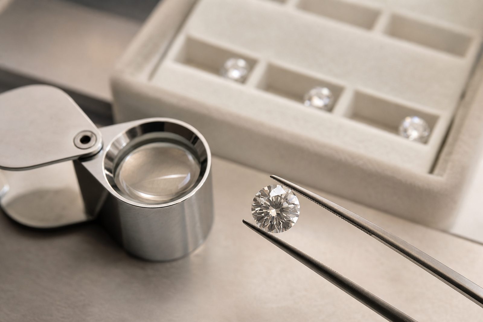 A natural diamond examined under a loupe