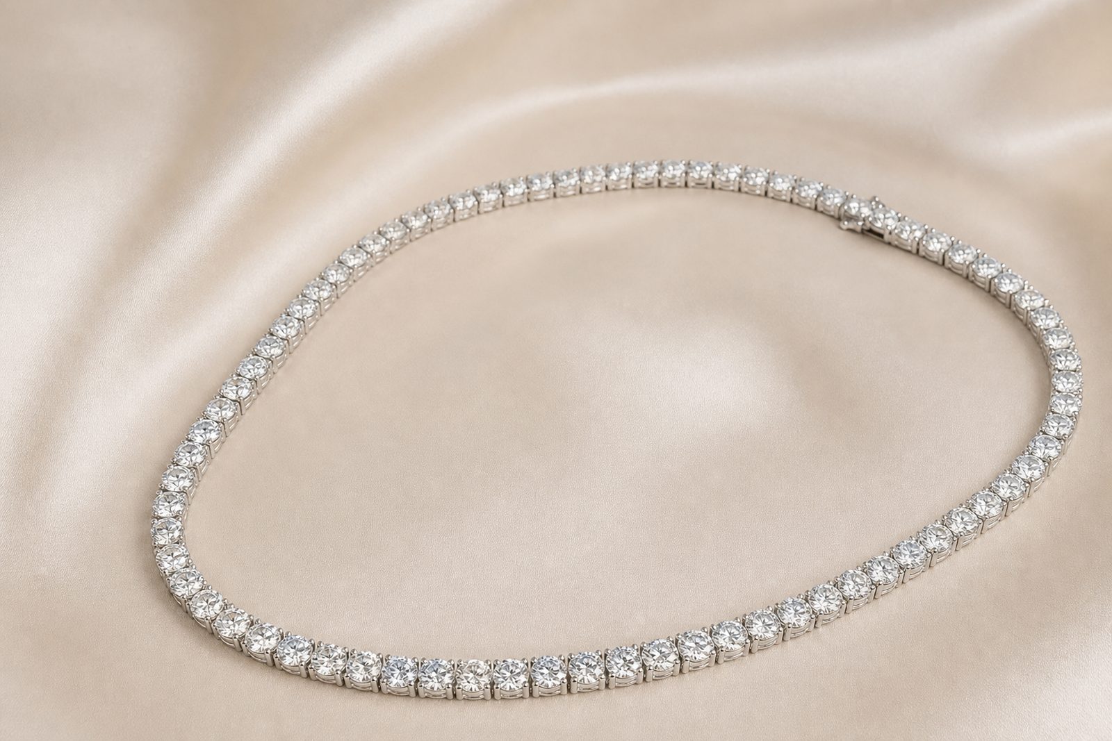 A diamond tennis necklace, a line of round brilliant diamonds in white gold