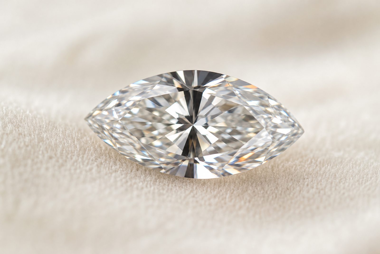 A marquise-cut natural diamond, close up