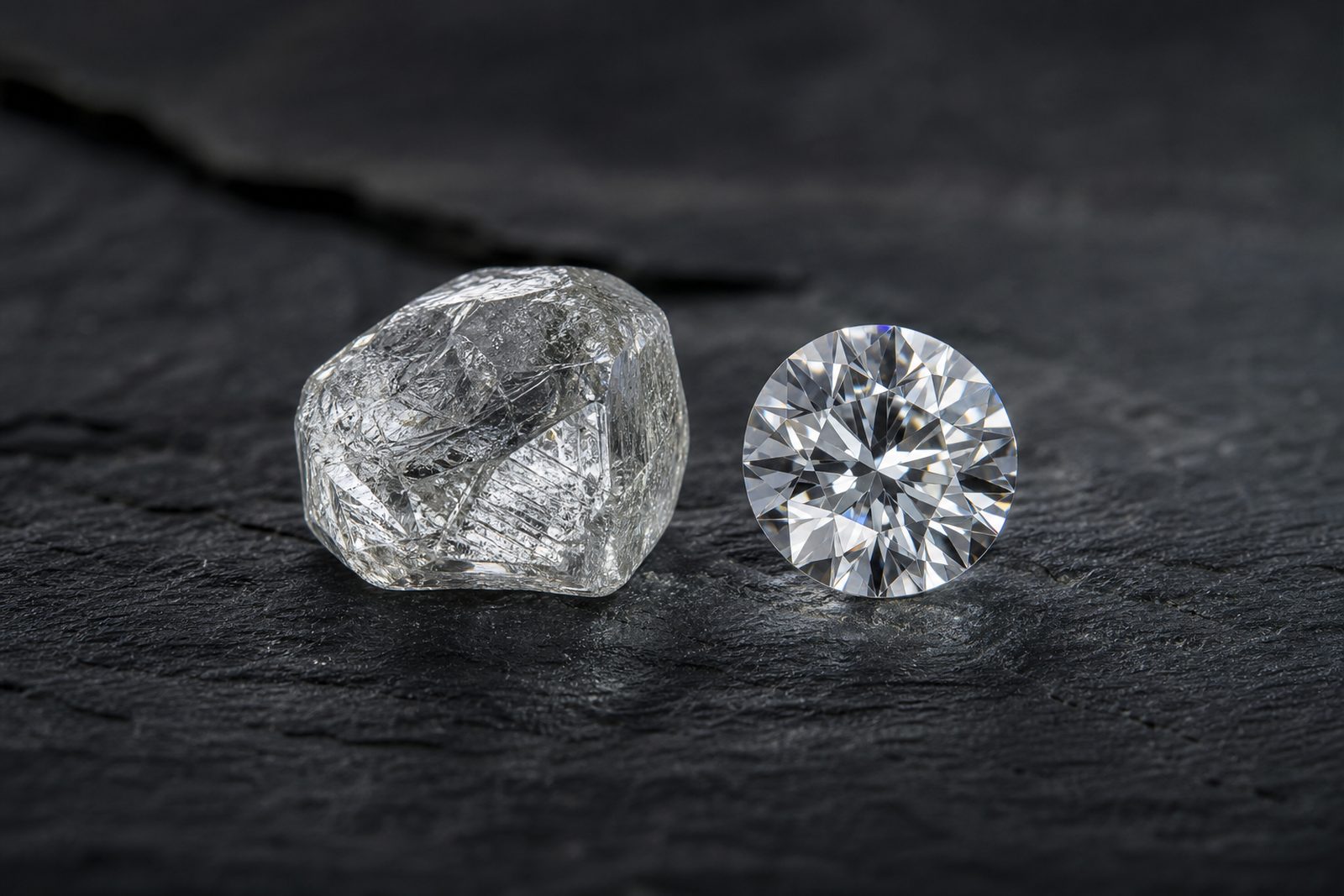 A rough natural diamond beside a polished brilliant