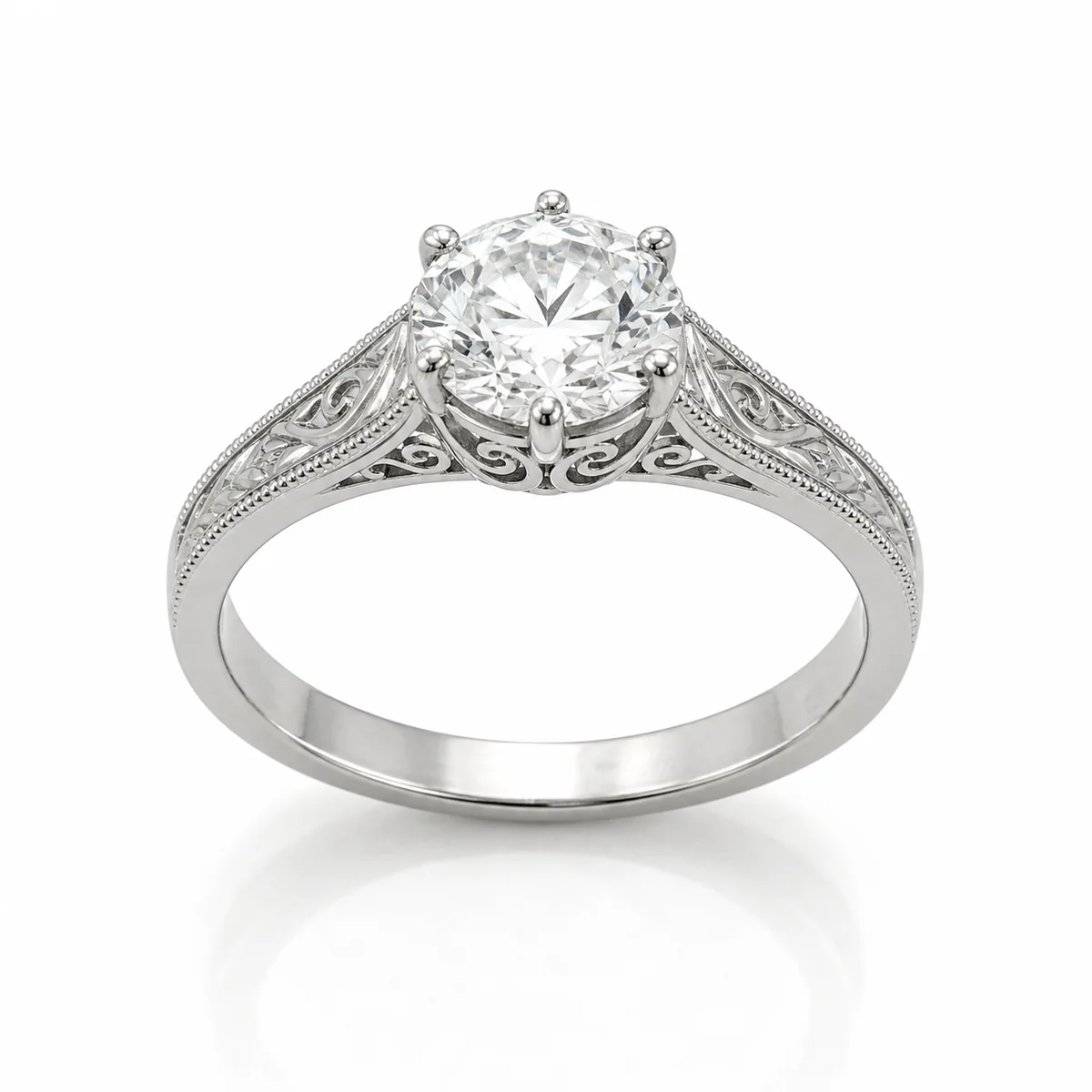 Antique filigree engagement ring in platinum, round diamond, made to order by Prodiam (rendered design reference)