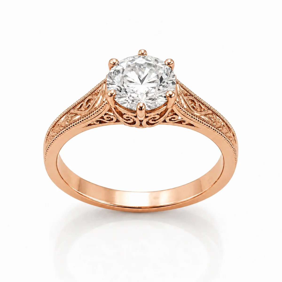 Antique filigree engagement ring in 18k rose gold, round diamond, made to order by Prodiam (rendered design reference)