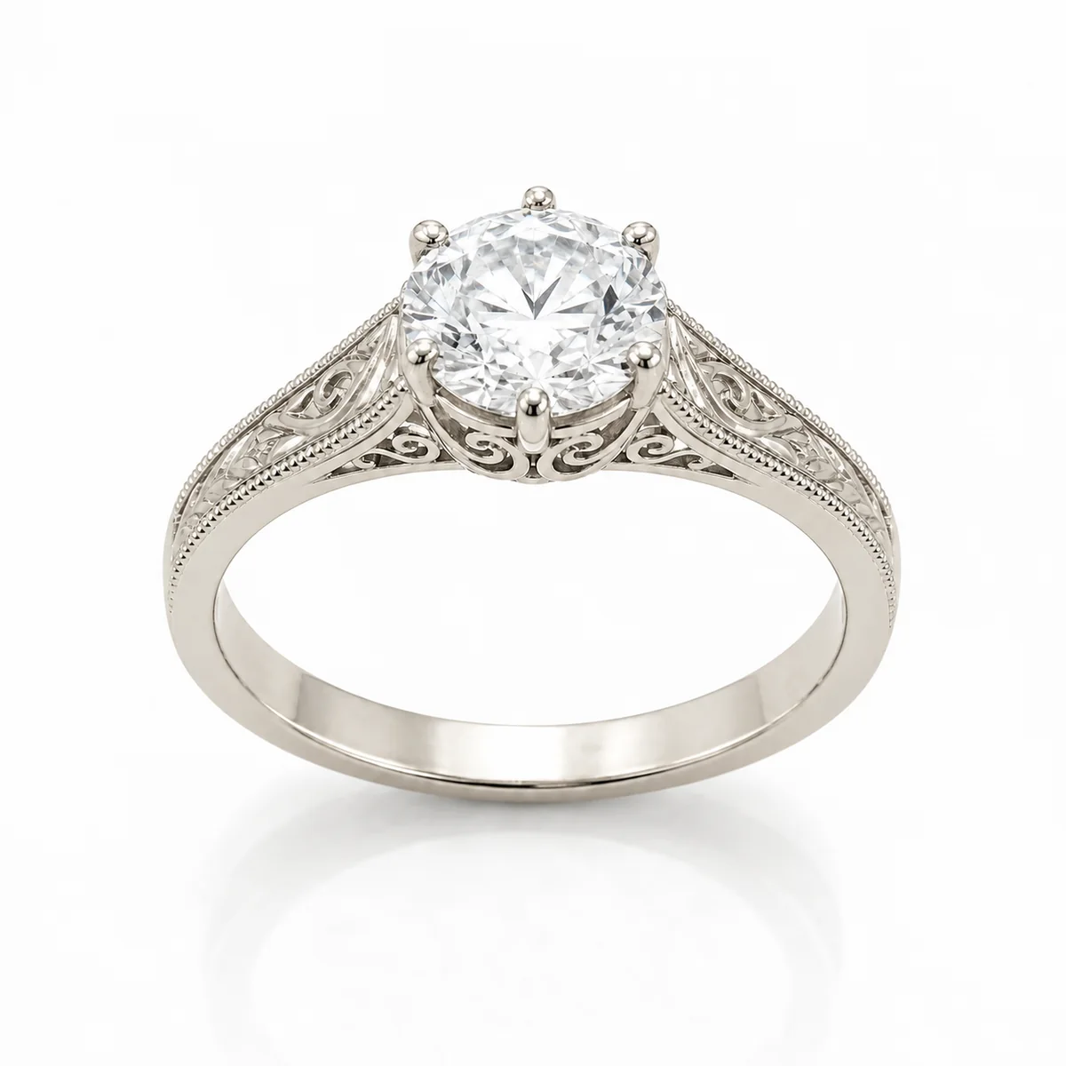 Antique filigree engagement ring in 18k white gold, round diamond, made to order by Prodiam (rendered design reference)