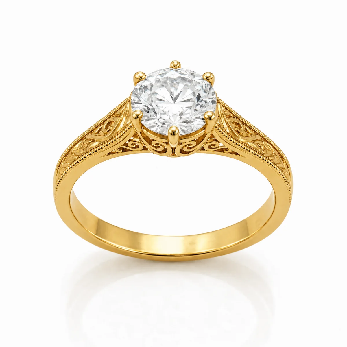 Antique filigree engagement ring in 18k yellow gold, round diamond, made to order by Prodiam (rendered design reference)