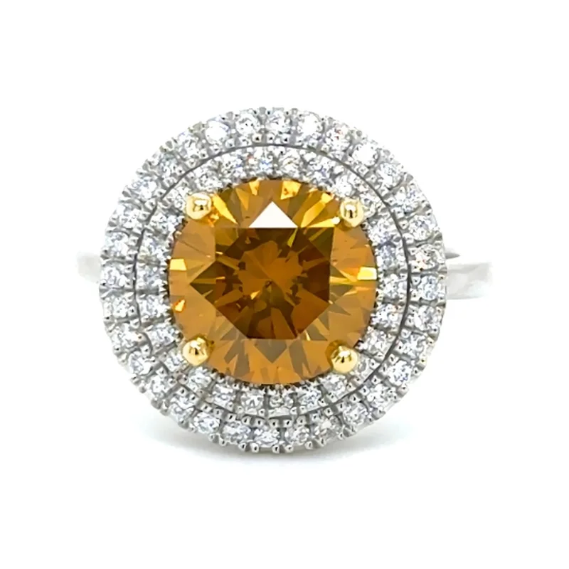 2.53 ct fancy colour diamond ring with a double halo, made to order by Prodiam