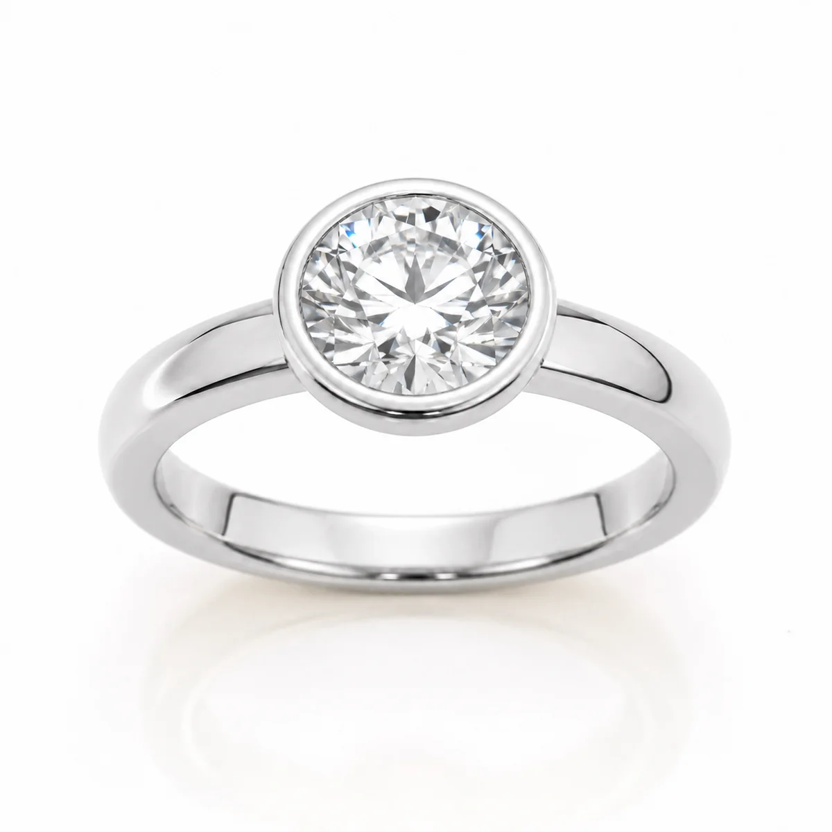 Bezel solitaire engagement ring in platinum, round diamond, made to order by Prodiam (rendered design reference)