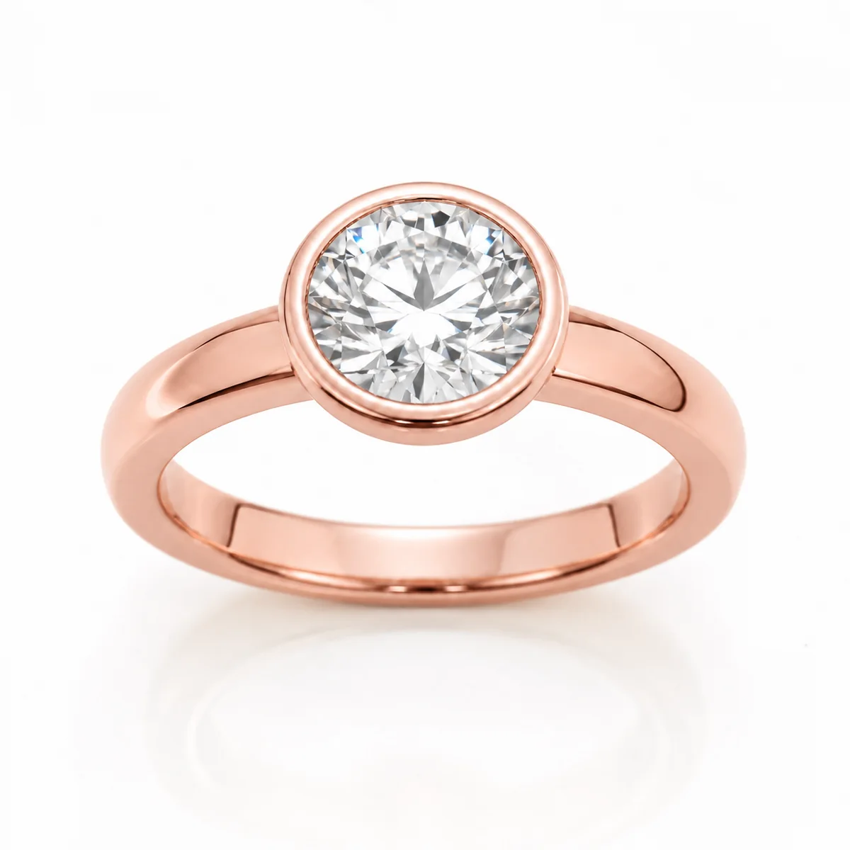Bezel solitaire engagement ring in 18k rose gold, round diamond, made to order by Prodiam (rendered design reference)