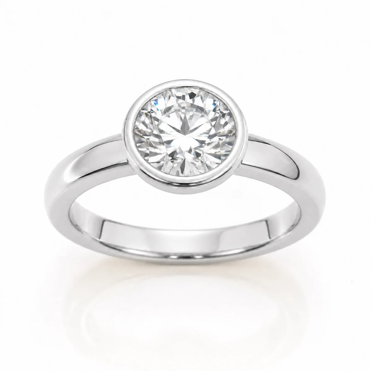 Bezel solitaire engagement ring in 18k white gold, round diamond, made to order by Prodiam (rendered design reference)