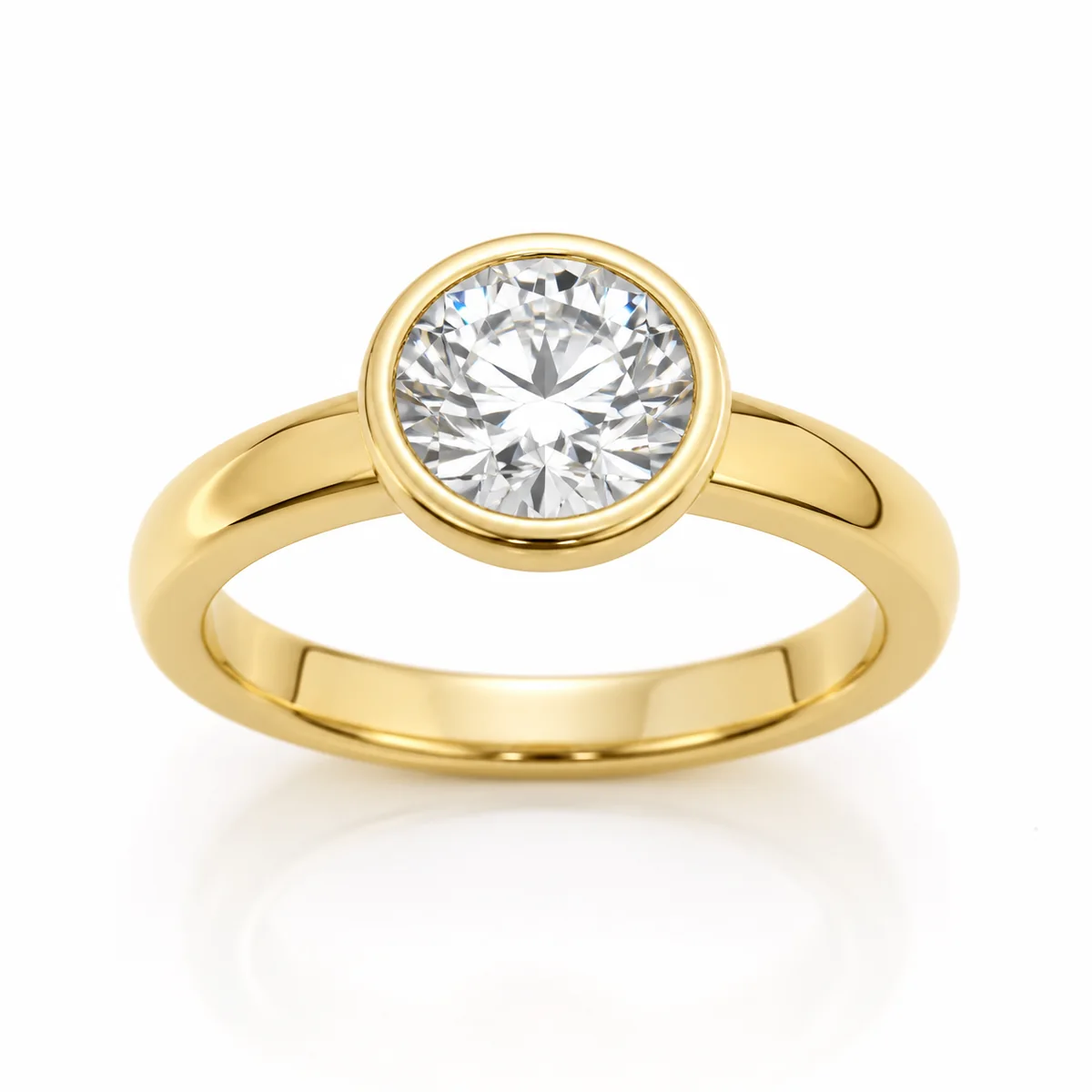 Bezel solitaire engagement ring in 18k yellow gold, round diamond, made to order by Prodiam (rendered design reference)