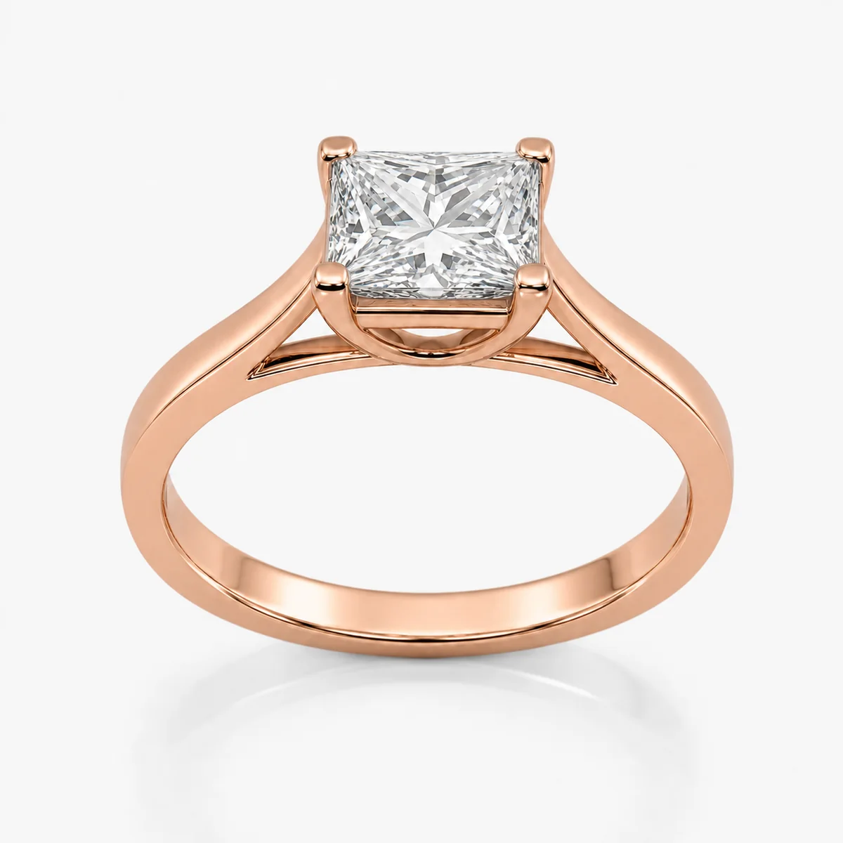 Cathedral princess engagement ring in 18k rose gold, made to order by Prodiam (rendered design reference)
