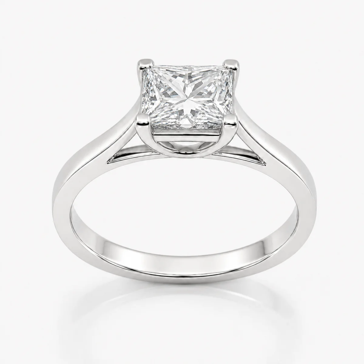 Cathedral princess engagement ring in 18k white gold, made to order by Prodiam (rendered design reference)