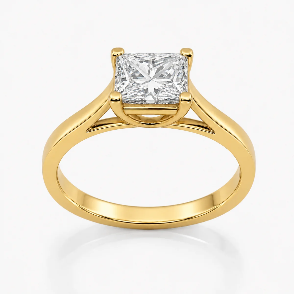 Cathedral princess engagement ring in 18k yellow gold, made to order by Prodiam (rendered design reference)