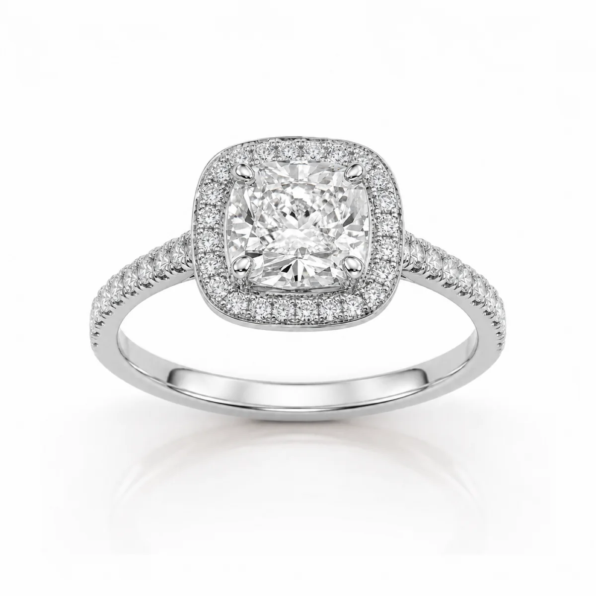 Cushion halo engagement ring in platinum, made to order by Prodiam (rendered design reference)