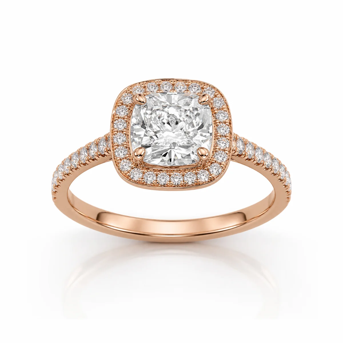 Cushion halo engagement ring in 18k rose gold, made to order by Prodiam (rendered design reference)