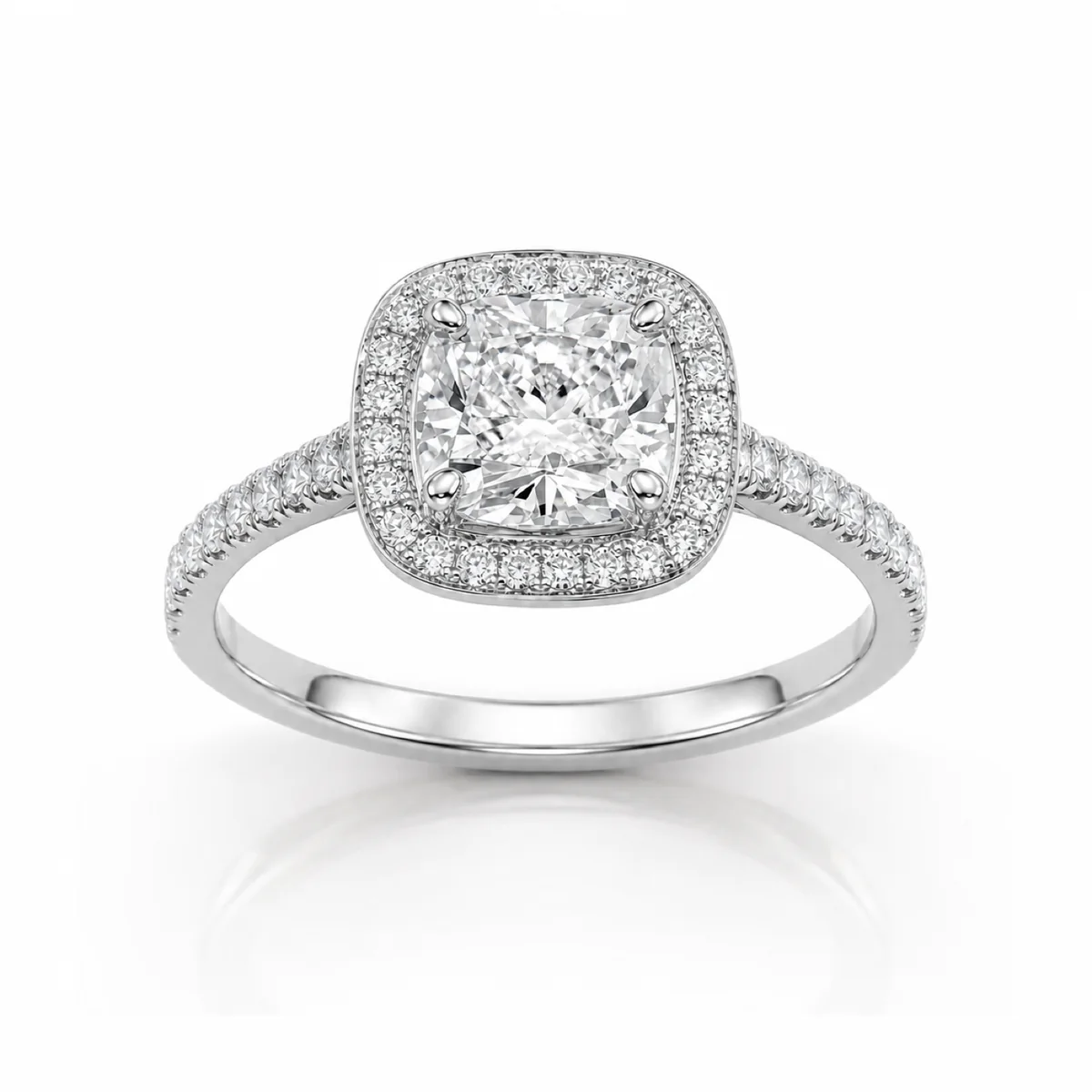 Cushion halo engagement ring in 18k white gold, made to order by Prodiam (rendered design reference)