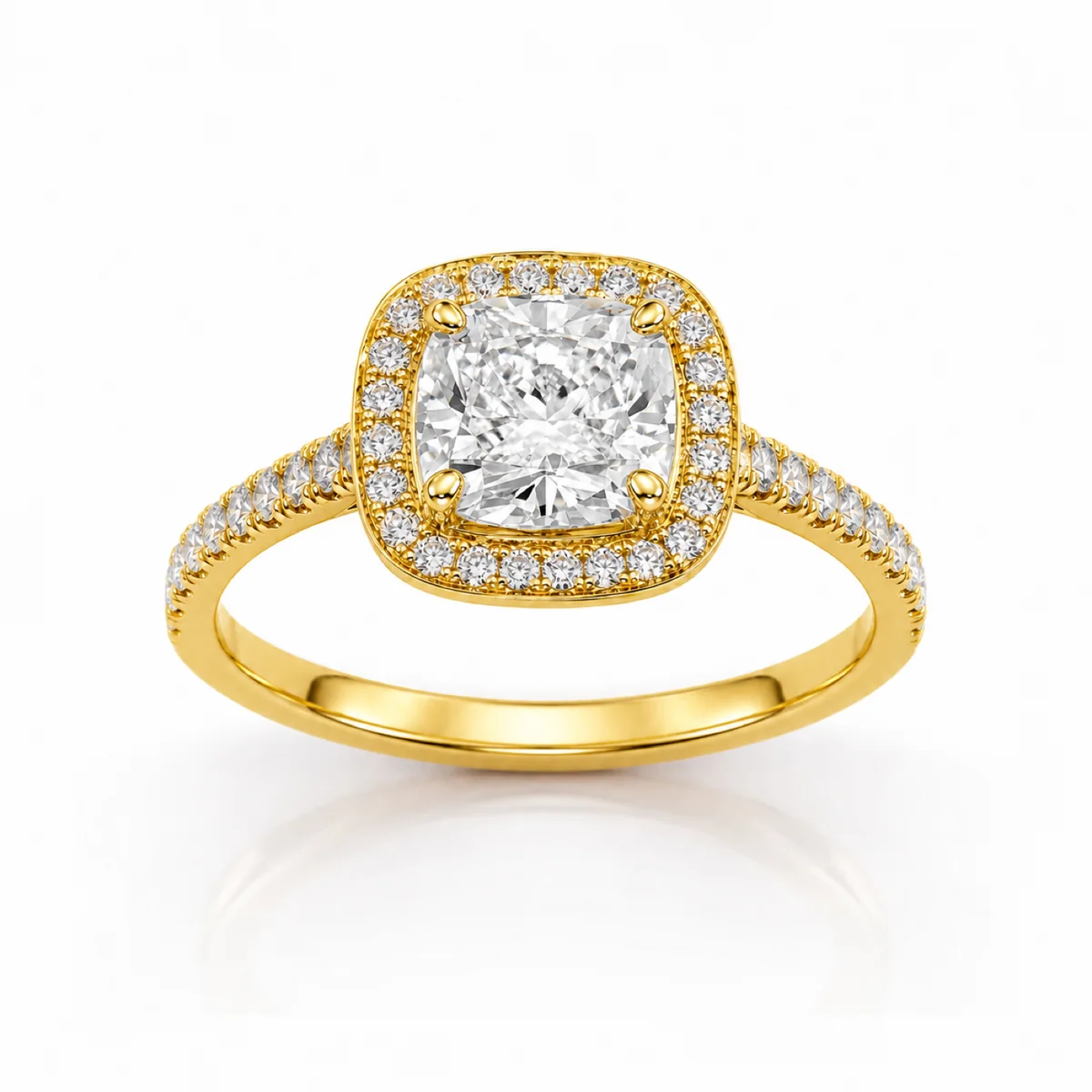 Cushion halo engagement ring in 18k yellow gold, made to order by Prodiam (rendered design reference)