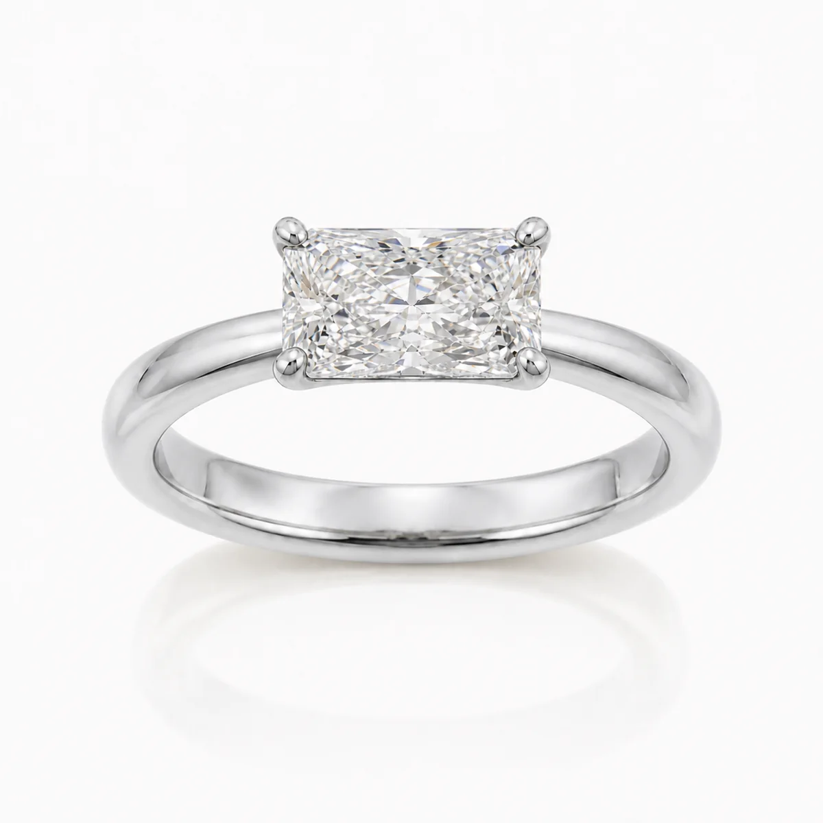 East-west radiant engagement ring in platinum, made to order by Prodiam (rendered design reference)
