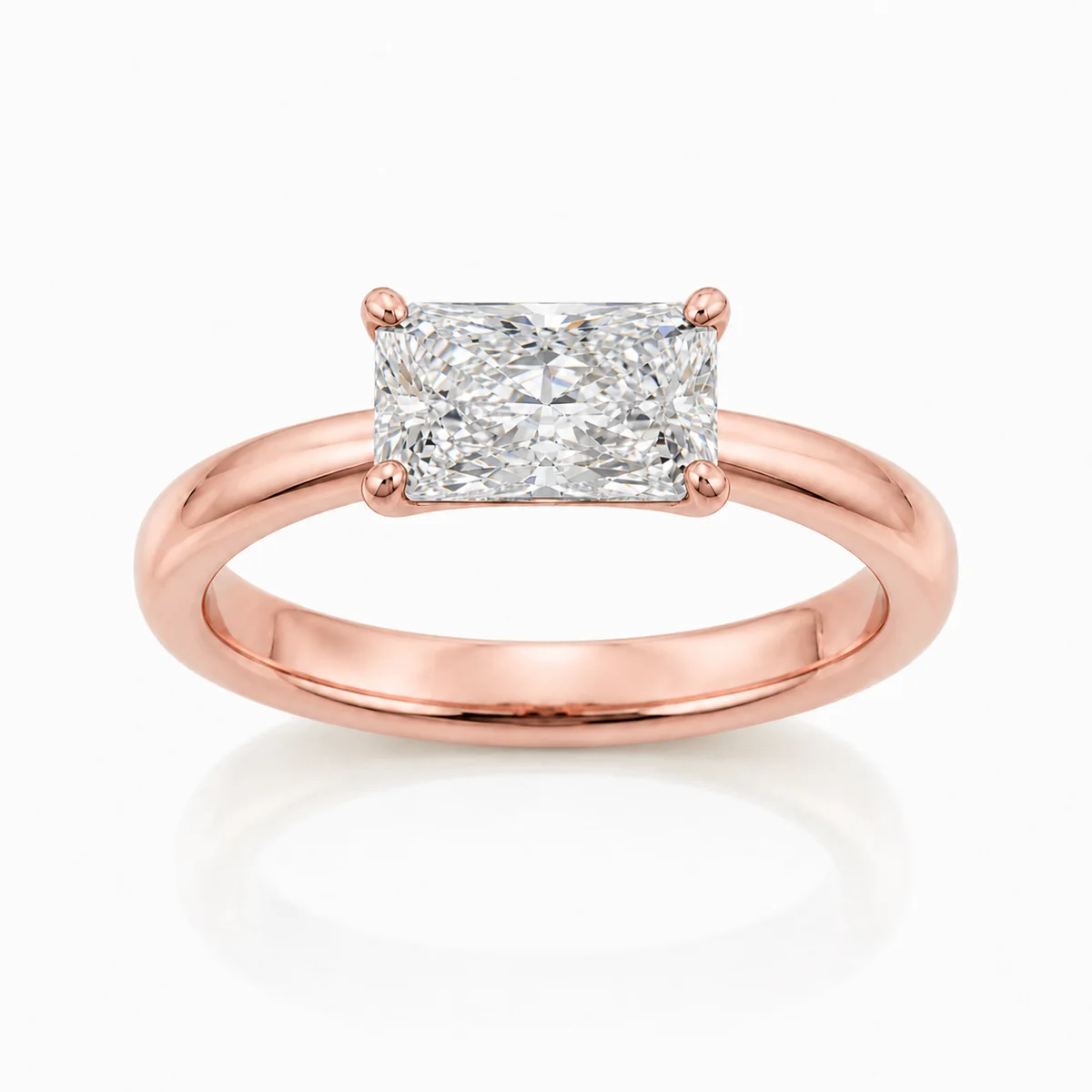 East-west radiant engagement ring in 18k rose gold, made to order by Prodiam (rendered design reference)