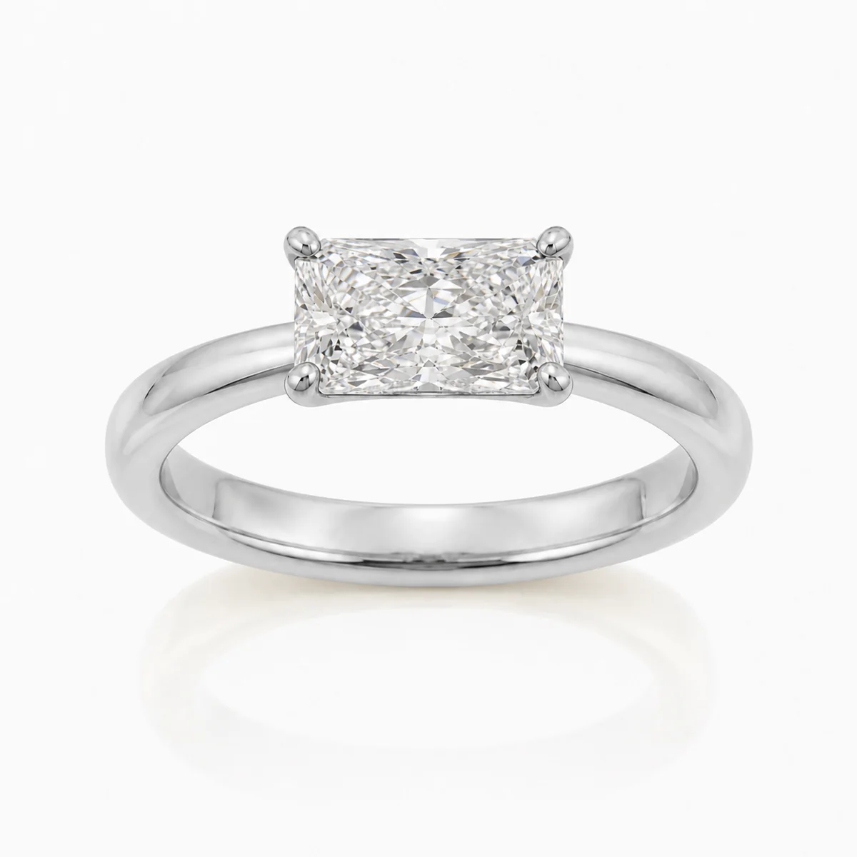 East-west radiant engagement ring in 18k white gold, made to order by Prodiam (rendered design reference)