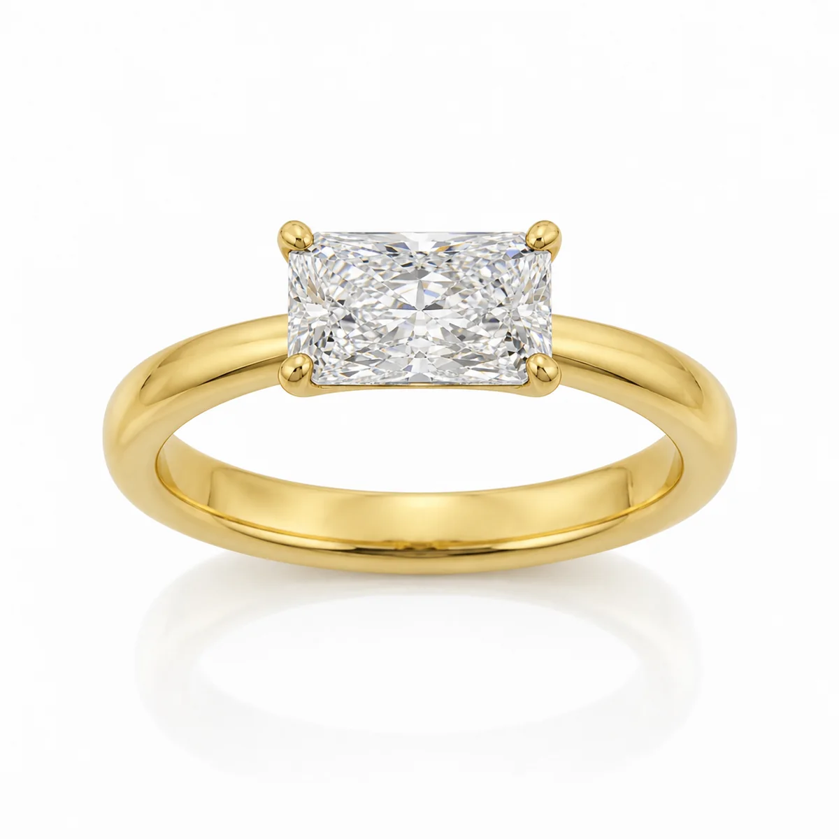 East-west radiant engagement ring in 18k yellow gold, made to order by Prodiam (rendered design reference)