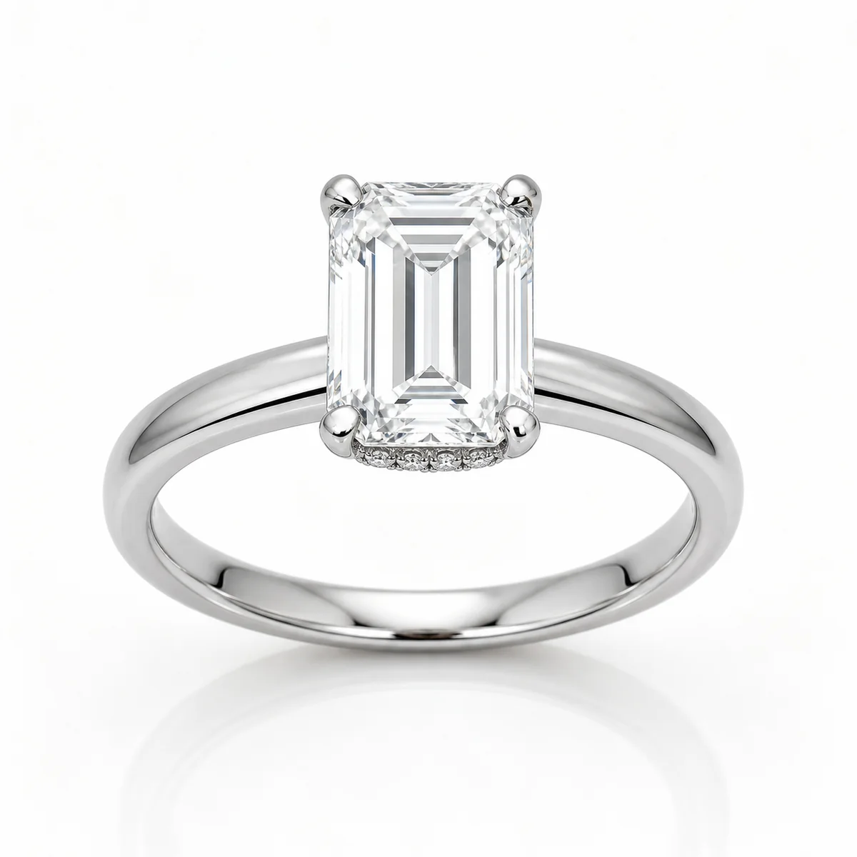 Emerald cut hidden halo engagement ring in platinum, made to order by Prodiam (rendered design reference)