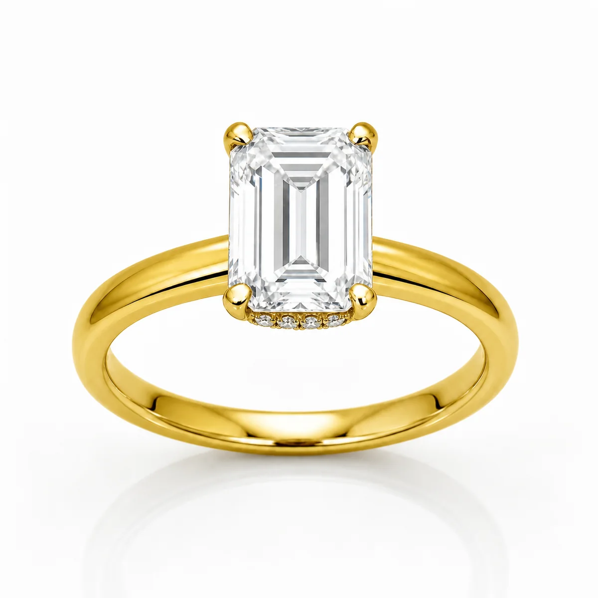 Emerald cut hidden halo engagement ring in 18k yellow gold, made to order by Prodiam (rendered design reference)