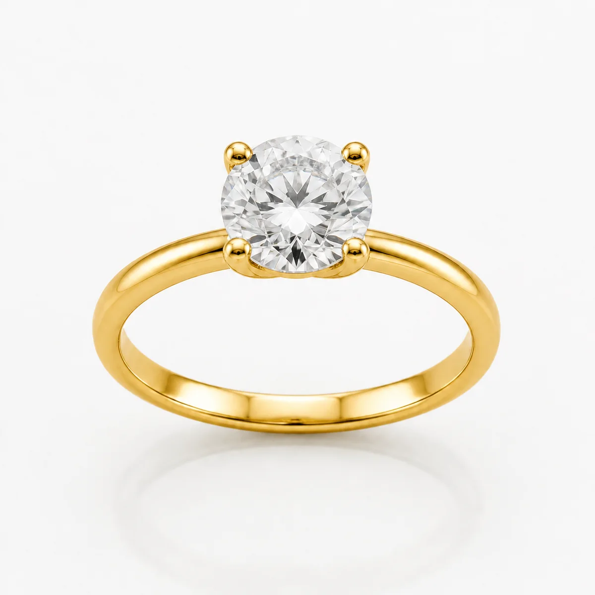 Four-claw solitaire engagement ring in 18k yellow gold, round diamond, made to order by Prodiam (rendered design reference)